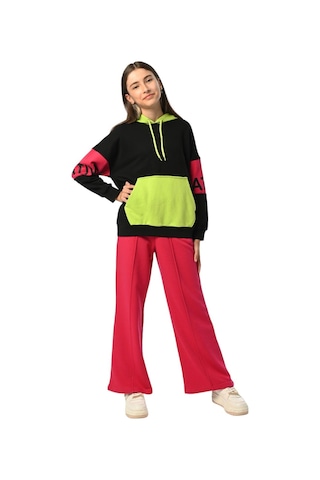 Kız Çocuk Kapüşonlu Neon Renk Bloklu Tasarım Sweatshirt-13397-siyah Siyah