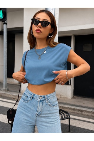 Bonnywıll Bonnywılll Bisiklet Yaka Düşük Kol Crop T-shırt Açık Mavi