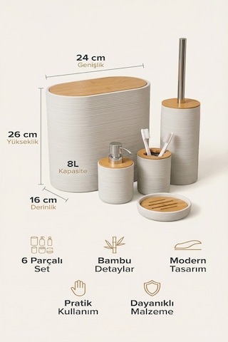 Makri Home 6 Parça Krem Banyo Seti, Bambu Detaylı, 8l Çöp Kovası 24x26x16 Cm
