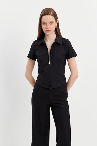 Stella Pulvis Siyah Fermuarlı Slim Fit Kuplu Bluz