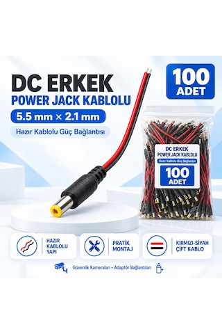 100 Adet Dc Erkek Power Jack Kablolu 5.5x2.1mm Cctv Güvenlik Kamera Adaptör Güç Bağlantı Kablosu