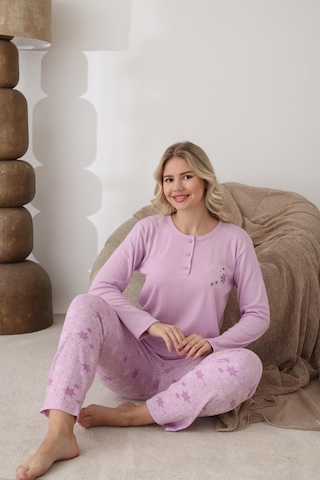 Lindros Kadın Pamuk'lu Düğme Yaka Raporlu İnterlok Kışlık Pijama Takımı 05163 - 1 Adet Gül Kurusu