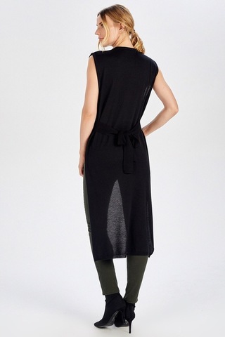 Peraluna Arkası Uzun Kemerli Siyah Kolsuz Kadın Triko Bluz-Siyah