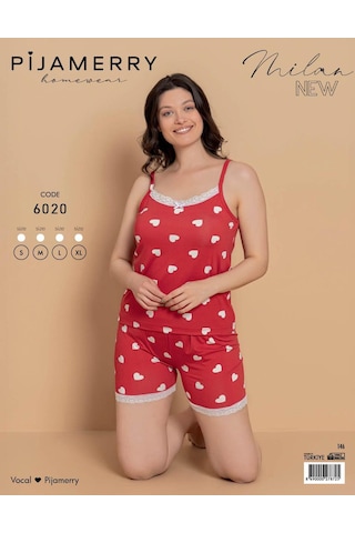 Pijamerry Kadın İp Askılı Milan Kumaş Likralı Şortlu Pijama Takımı 6020 - 1 Adet Kırmızı