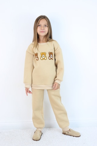 Kız Çocuk 3'lü Ayıcık Nakışlı 3 İplik Oversize Şardonlu Takım Ekru