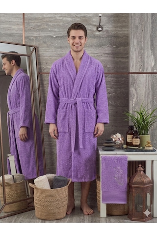 Premium 2'li Aile Bornoz Seti Çeyizlik Pamuklu Hediyelik Banyo Takımı S/m Lavanta