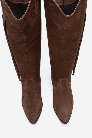 Rios Kahverengi Hakiki Deri Süet Püsküllü Kadın Kalın Topuklu Çizme Kahverengi