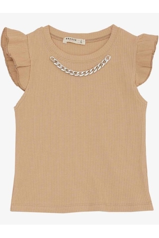 Breeze Kız Çocuk Kolları Fırfırlı Zincirli Kaşkorse T-shirt-14036 Bej