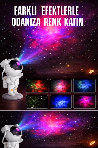 Astronot Tasarımlı Hoparlör Nluetooth Gece Lambası 8 Renkli Projeksiyon Kumandalı Projektör Beyaz