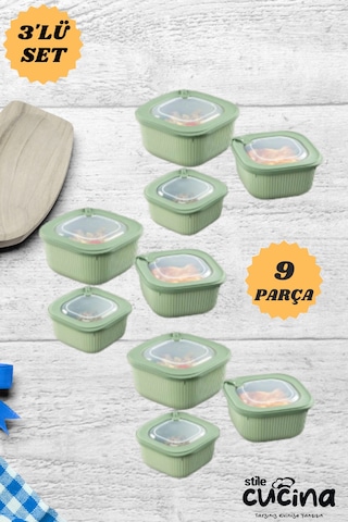 9'lu Mikrodalga Ve Difriz Kullanımına Uygun Vakumlu Vıp Saklama Kabı Çeyiz Seti 3x 600-1100-1800 Ml Yeşil