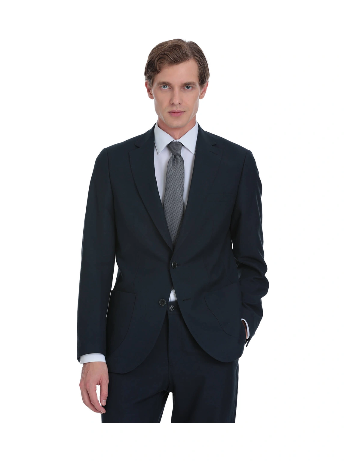 Lacivert Slim Fit Mono Yaka Keten Takım Elbise Lacivert