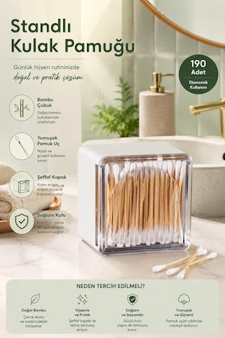 Porsima 3134 Doğal Ahşap Bambu Saplı Standlı Kulak Temizleme Çubuğu Seti- 190 Adet Renkli