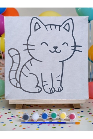 Çocuklar İçin Tuval Boyama Seti Kedi Mod2 19x19 Cm Tuval, Şövale, Fırça Ve 6 Renk Akrilik Boya Seti