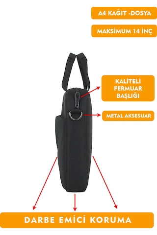 Dada Erkek Evrak Çantası 13,3-14 İnç Laptop Tablet A4 Kağıt Ve Dosya Uyumlu Darbe Emici Koruma Omuz Askılı Siyah