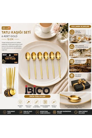 60 Parça Gold Tatlı Kaşık Seti 13cm - 1 Paket İçinde 6 Adet Vardır - 10 Paket Gönderilir 5047 Çok Renkli