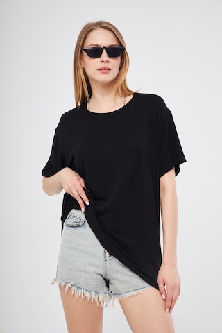 Siyah Baskısız Düz Bisiklet Yaka Kadın Oversize T-shirt SIYAH
