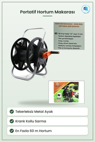 Portatif Hortum Makarası Tekerleksiz Metal Ayaklı Bahçe Sulama Kr
