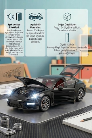 Işıklı Sesli Pilli 1:24 Metal Porsche Panamera Turbo Kapısı Kaputu Ve Bagajı Açılabilir Model Araba Siyah