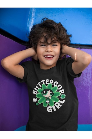 Sevbano Power Puff Girls Buttercup Girl Baskılı Unisex Çizgi Film Çocuk T Siyah