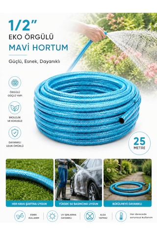 Beylini 1/2" 25 Metre Örgülü Bahçe Hortumu Balkon Bahçe Sulama Temizlik Araç Su Hortumu Dolanmaz Kırılmaz Mavi