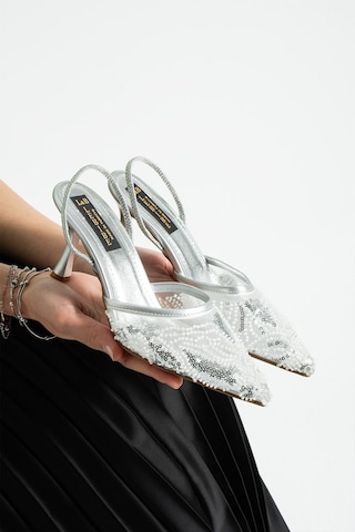 Lebibe Shoes Perıe Gümüş Kadın 7 Cm Topuklu Pullu Payetli Bantlı Abiye Gelin Düğün Ayakkabısı Terliği