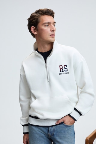 Grimelange PLATA Erkek Yarım Fermuarlı Kanguru Cepli Etek Ve Kolda Triko Detay Relaxed Fit Ekru Sweatshirt