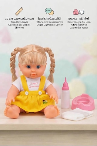 Altını Islatan Konuşan Melis Bebek 30 Cm - Aksesuarlı Kafası Kolları Et Oyuncak Bebek Sarı