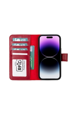Apple Uyumlu iPhone 15 Deri Cüzdanlı Kılıf Mwwn V4ef Kırmızı