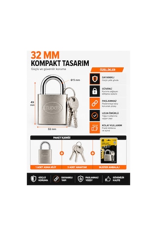 Tudor Yıldız 32 Mm Çelik Asma Kilit Anahtarlı Blister Ambalajlı Depo, Kepenk, Dolap, Bisiklet Ve Çanta İçin Diğer