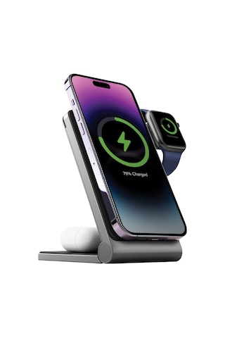 Magtrio 3in1 Katlanabilir 15w Telefon Saat Apple Uyumlu AirPods Masaüstü Hızlı Şarj Standı - Koyu Gri