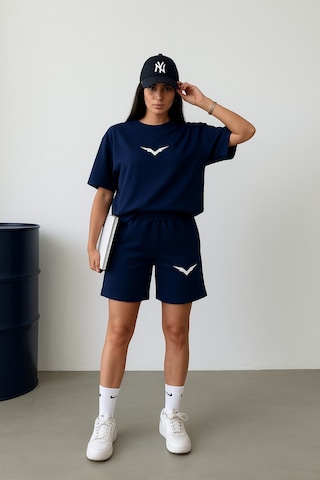 Kanat T-shirt Şort - Lacivert Alt Üst Kombin Şort Tişört Takım Baskılı Oversize Bisiklet Yaka Lacivert