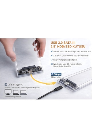 Type-c 2.5" Hdd Ssd Harici Disk Kutusu Şeffaf Usb 3.0 Sata Iıı 5gbps Uasp Destekli Windows Mac Linux Uyumlu