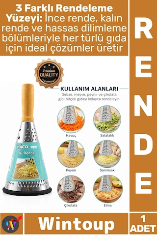 Rende Mutfak Sebze Ahşap Bambu Saplı Silikon Taban 3 Bölümlü Paslanmaz Çelik Şık Huni Model Rende Çok Renkli