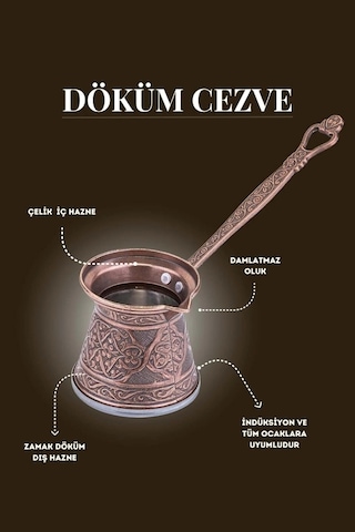Ayvalı Desenli Döküm Cezve 4 Kişilik İndüksiyon Uyumlu 250 Ml Bakır 6025