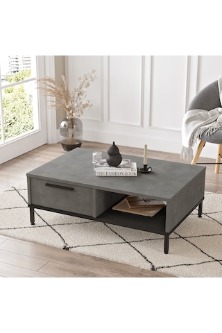 Robin Home Diego Orta Sehpa Metal Ayaklı Çekmeceli Beton Siyah
