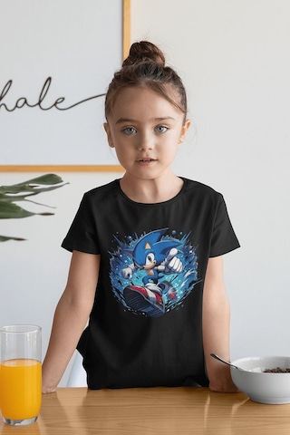 Sevbano Süper Sonic Baskılı Unisex Çizgi Film Çocuk Tişört 1-12 Yaş Siyah