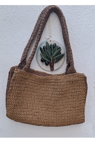Artepieza Handmade Taba Rengi Kağıt İp Yazlık Büyük Boy Tote Çanta 40x28 Cm -omuz Çantası Bej - Kahverengi