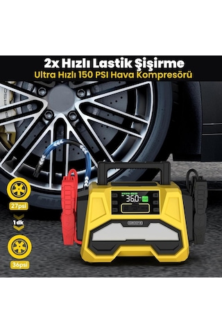 Groove F05 42000mah 8000a Akü Takviye Cihazı +lastik Şişirme Kompresörlü Taşınabilir Jump Starter+pd 30w Hızlı Şarj Kompresör+powerbank+led Lamba+lcd Ekran