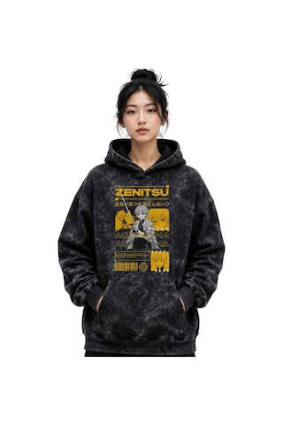 Sevbano Zenitsu Agatsuma Kimetsu No Yaiba Anime Baskılı Unisex Oversize Y Siyah