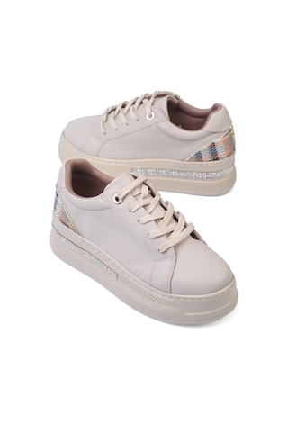 Shoetek Olala Kadın Sneakers Bağcıklı Arka Desenli Spor Ayakkabı Bej Deri Bej Cilt Bej