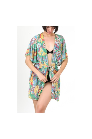 Pareo Plaj Elbisesi Kimono Std Yazlık Oversize Tül Gömlek Kemerli Elbise Şal Desen Yeşil