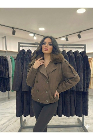 Ribana Classic Kadın Kürk Yaka Detaylı İçi Astarlı Çift Cepli Omuzları Kemerli Beli Lasitkli Ceket Görünümlü Kaban 4901 Kahverengi