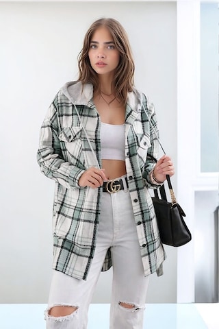 Mamayaga Kadın Desen Bloklu Oduncu Oversize Geniş Kalıp Casual Cepli Kapüşonlu Uzun Boy Ceket Gömlek Beyaz - Yeşil