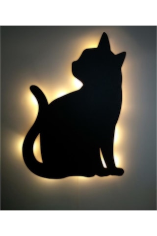 Dekoratif Büyük Boy Led Işıklı Oturan Kedi Ahşap Tablo