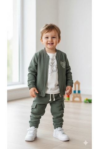 Bontino Erkek Çocuk Sweatshirt, Hırka Ve Pantolonlu %100 Pamuk 3'lü Spor Takım Haki