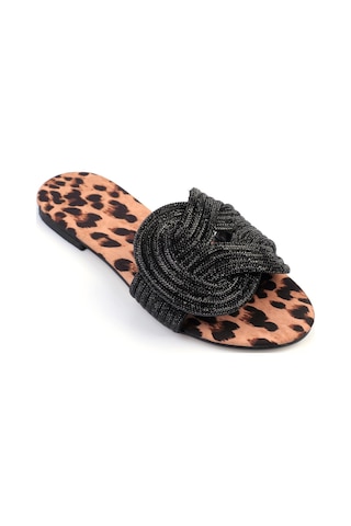 Shoetek Anwen Kadın Terlik Geçmeli Banlı Taşlı Siyah/leopar LEOPAR Kahverengi