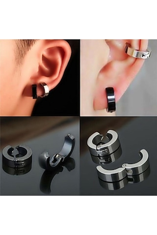 2 Ad. Siyah 2 Ad. Gümüş Renk 4 Ad. Sıkıştırmalı Unisex Deliksiz Kulaklara Çelik Küpe - 3187 Çok Renkli
