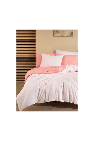 Çift Kişilik Pamuklu Çizgili Nevresim Takımı Düğmeli Model 200 X 220 Cm Somon