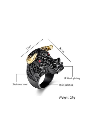 Boğa Yüzük Rhinestone Taşlı Black Bull Gold Horn 316L Paslanmaz Ç Bronz