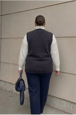Onno Style Women Büyük Beden Klasik Triko Renkli Düğmeli Çelik Örgü Kadın Yelek Lacivert